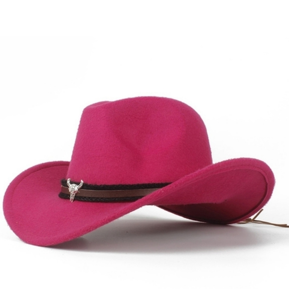 None Accessories - New Pink Unisex Western Cowboy Outback Boho Hat with Steer Head Tie Band